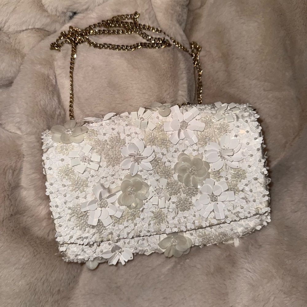 White and Gold Floral Clutch with Chain Strap